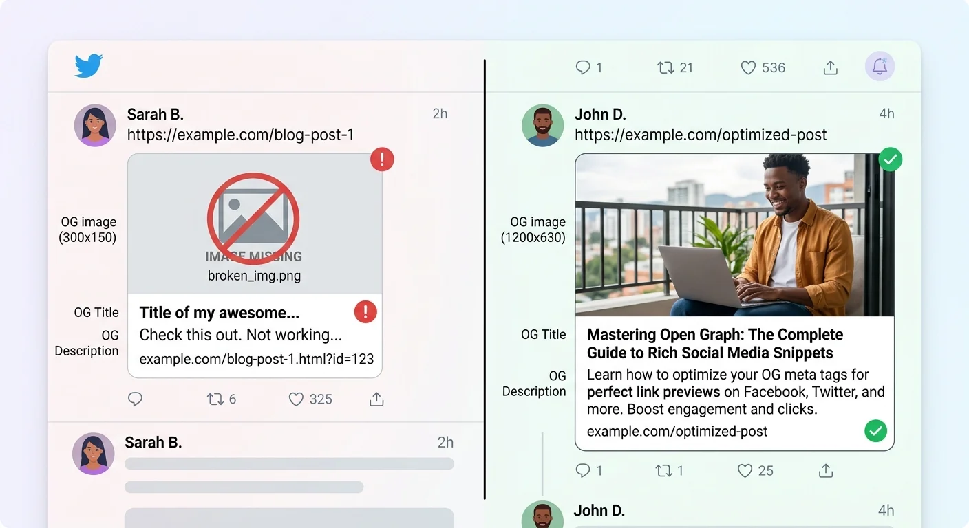 Before and after comparison showing a missing image OG card next to a fully rendered social media preview card with title, description, and image