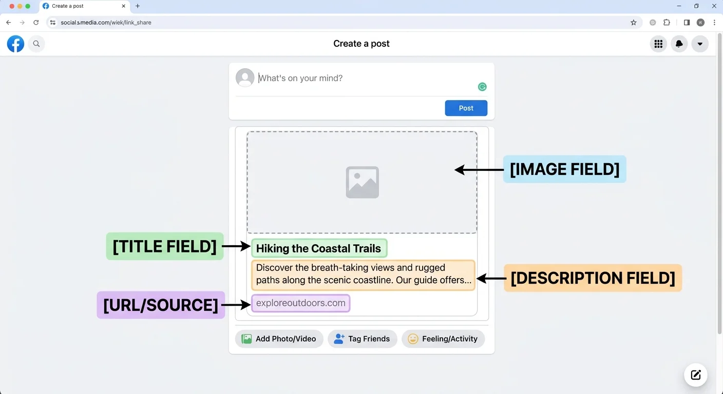 alt: Annotated social media link preview card showing OG tag elements