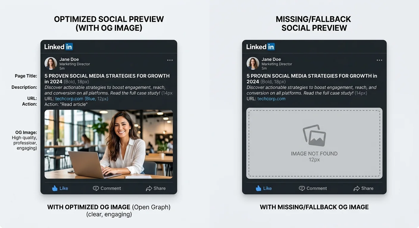 alt: Comparison of social link preview with and without properly configured OG image