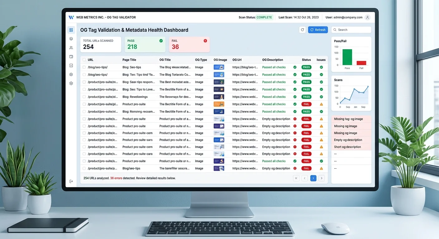 OG tag monitoring dashboard displaying metadata validation status for website pages