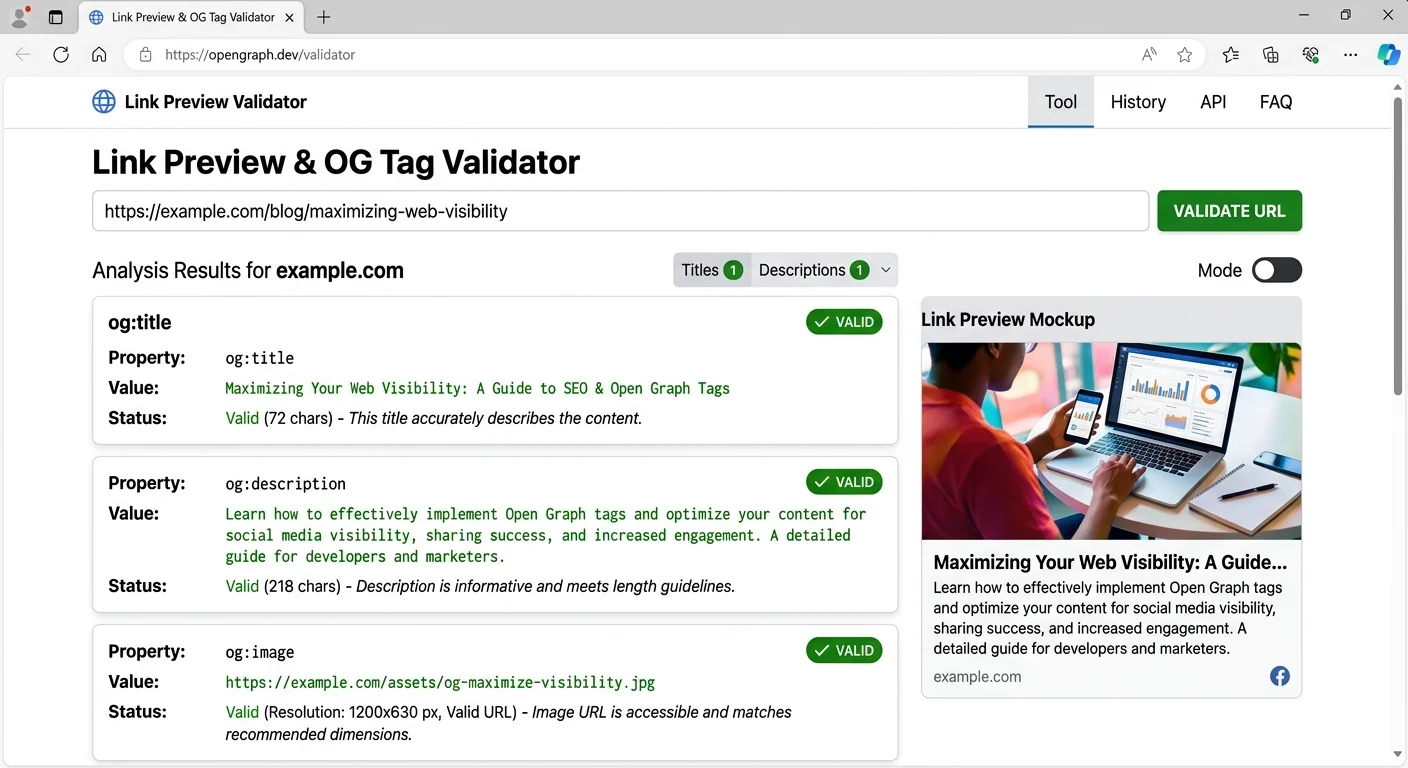 Open graph tag checker interface displaying metadata validation results